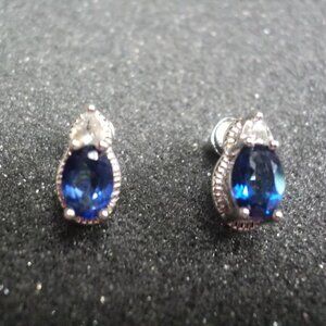 Avon Pierced Drop Earrings Blue Sapphire w/ Clear Crystal 925 Sterling Silver